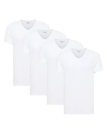 Set de tricouri din amestec de bumbac organic cu decolteu in V - 4 piese, Alb