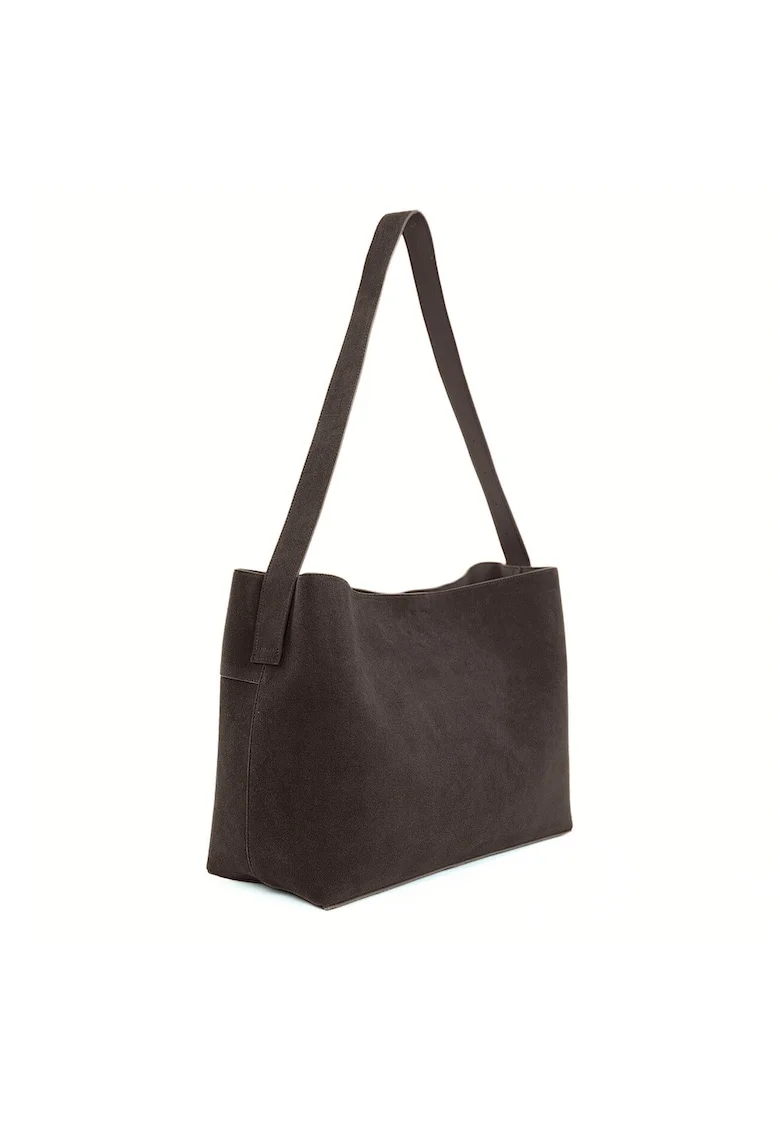 Geanta dama din piele intoarsa  FL39 Maya, shopper, A4, cu catarama, curea reglabila, incapatoare, eleganta, pentru birou si zilnic, Ciocolatiu