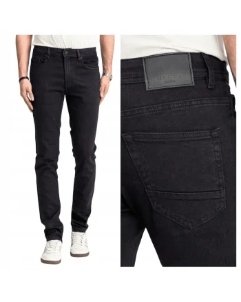 Blugi Barbati,  Sebb, Loose Fit, Talie Inalta, 70% Bumbac, 30% Poliester, Fermoar, Lungi, 5 Buzunare, Negru, Negru