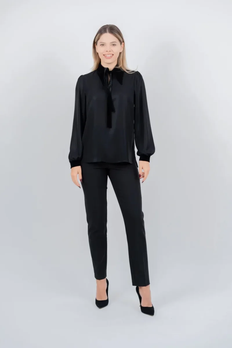 Camasa neagra eleganta cu guler si mansete din catifea