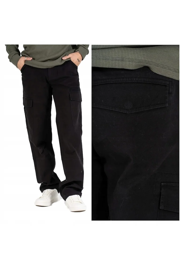 Pantaloni Barbati,  Gerry Cargo, Loose Fit, Talie Medie, Fermoar, Lungi, 5 Buzunare, Bumbac, Elastan, Negru, Negru