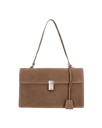 Geanta de piele intoarsa cu bareta de umar Lavinia Chic, Maro taupe