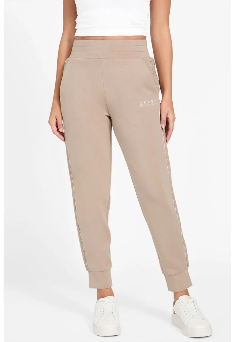 Pantaloni de trening cu croiala conica si detalii cu strasuri, Maro nisip