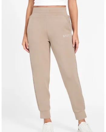 Pantaloni de trening cu croiala conica si detalii cu strasuri, Maro nisip