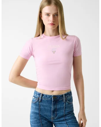 Tricou crop cambrat cu logo, Roz
