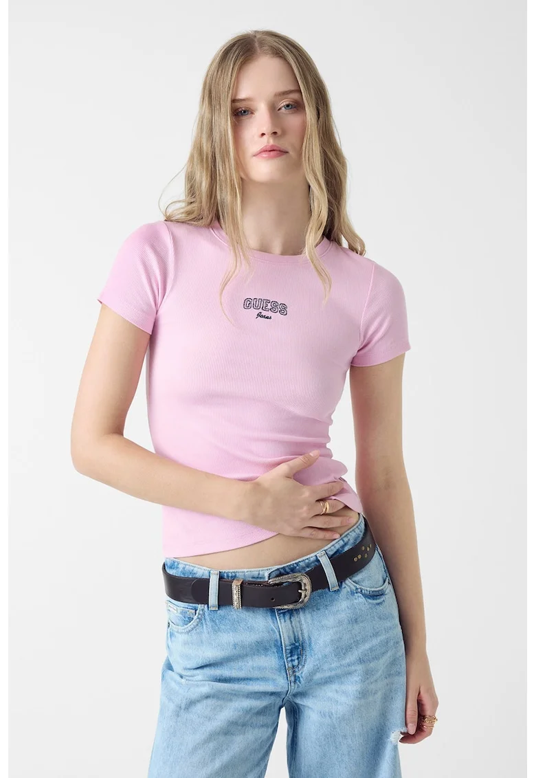 Tricou slim fit cu decolteu la baza gatului, Roz