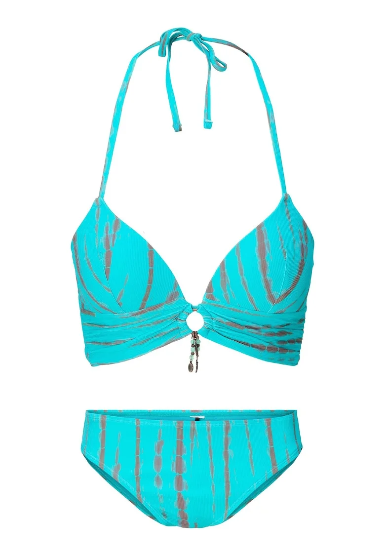 Costum de baie cu doua piese si dungi, Turcoaz