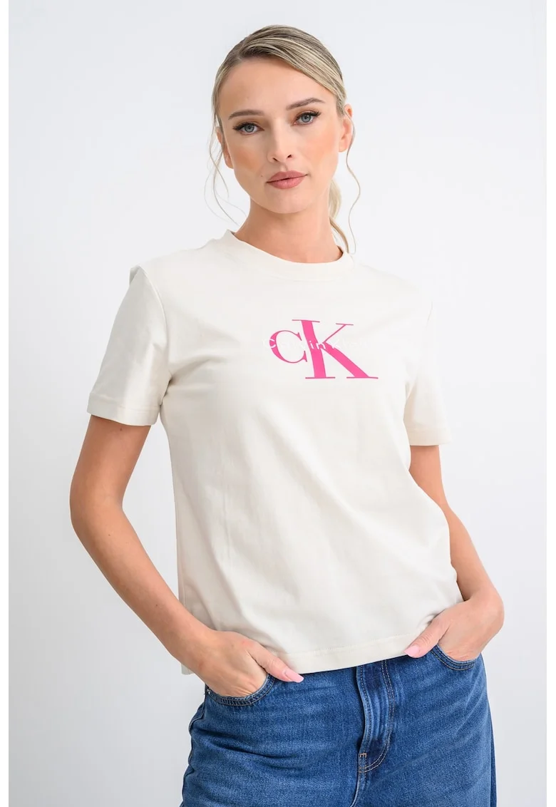 Tricou relaxed fit cu imprimeu logo, Alb fildes