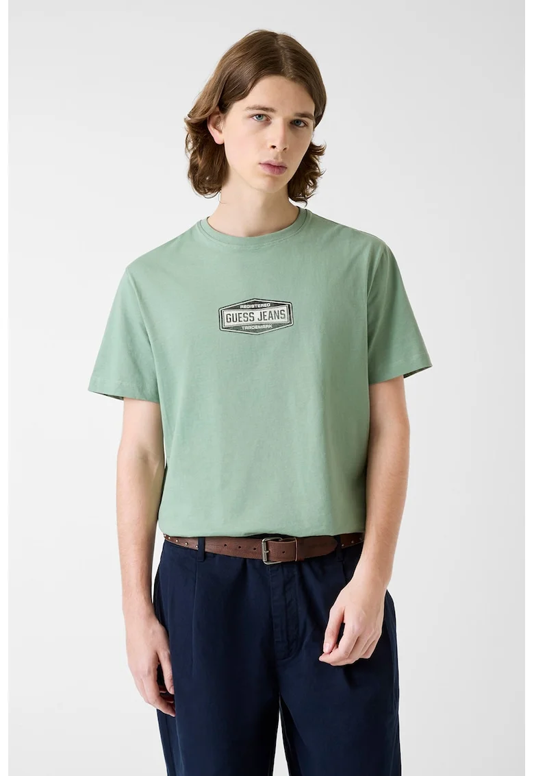 Tricou din bumbac cu decolteu la baza gatului si detaliu logo, Verde pal
