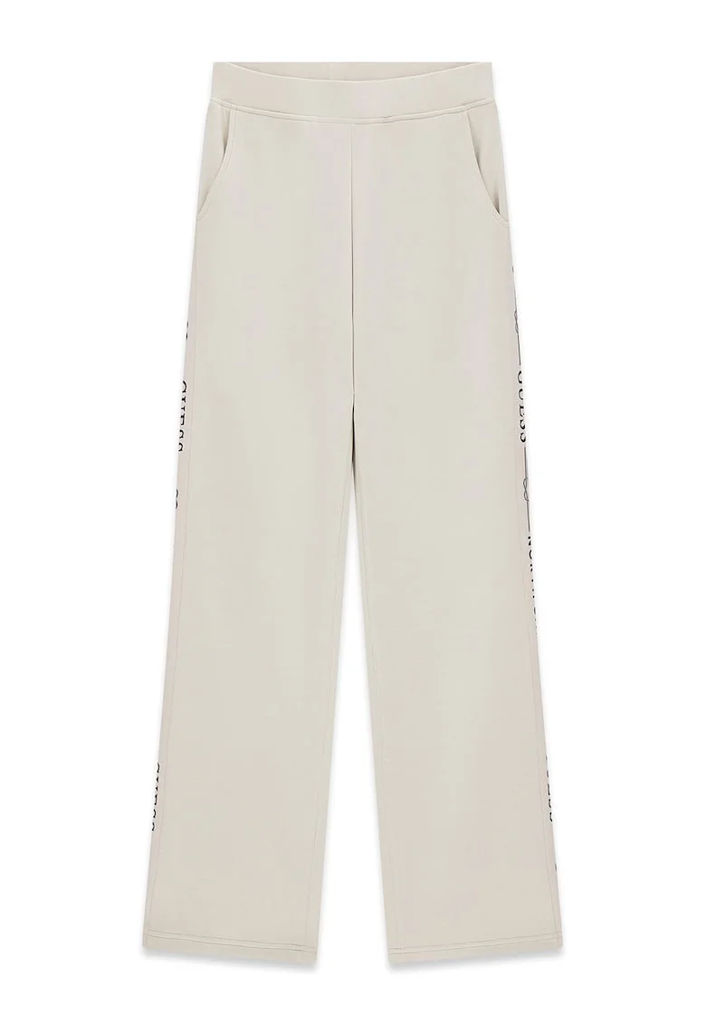 Pantaloni din amestec de modal cu imprimeu text lateral, Alb fildes