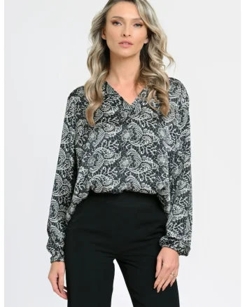 888144269-Bluza Dama cu Maneca lunga tip Kimono, Negru cu Alb stil Baroque