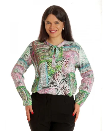 888141927-Bluza Dama, Asimetrica, Verde cu imprimeu si Funda, Verde
