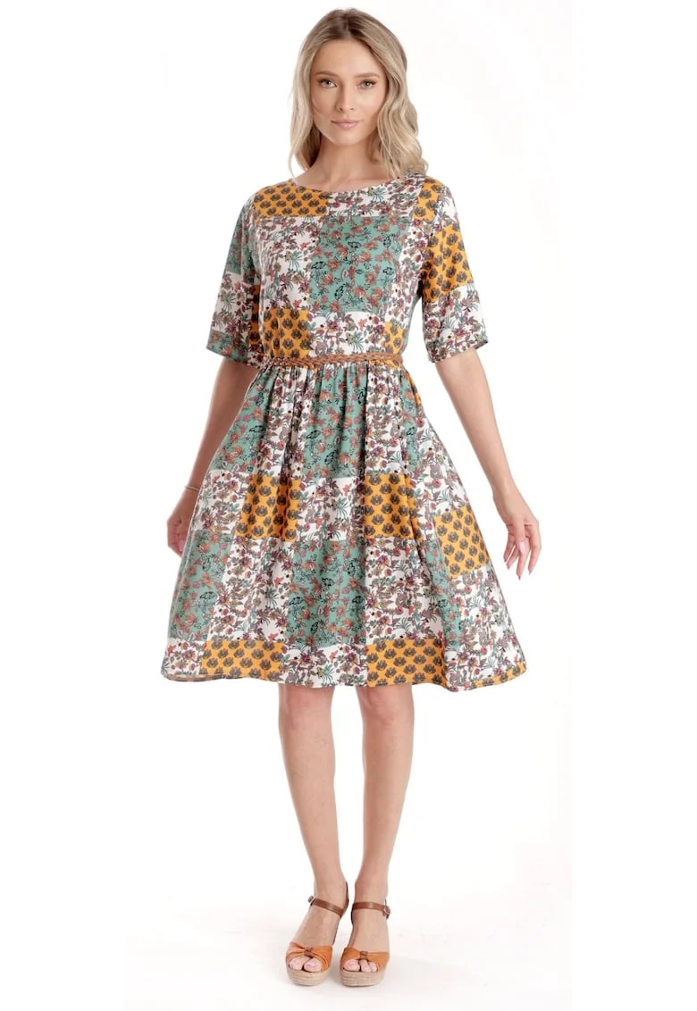 Rochie Medie Dama V275, Imprimeu Combinat Crem, Mustar si Verde