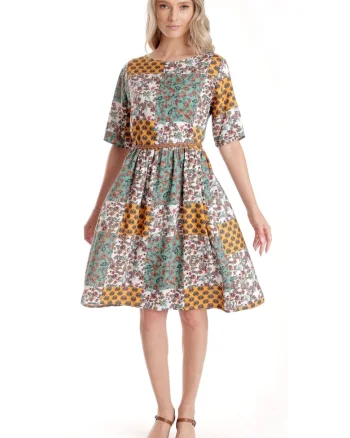 Rochie Medie Dama V275, Imprimeu Combinat Crem, Mustar si Verde