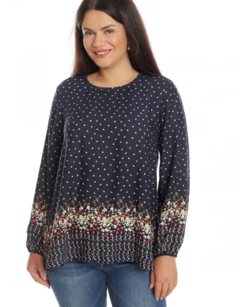 Bluza Dama, din Vascoza cu bordura, bleumarin si imprimeu floral