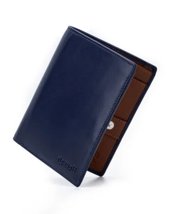 Portofel modern slim vertical barbati,  protectie RFID, piele naturala premium, Albastru