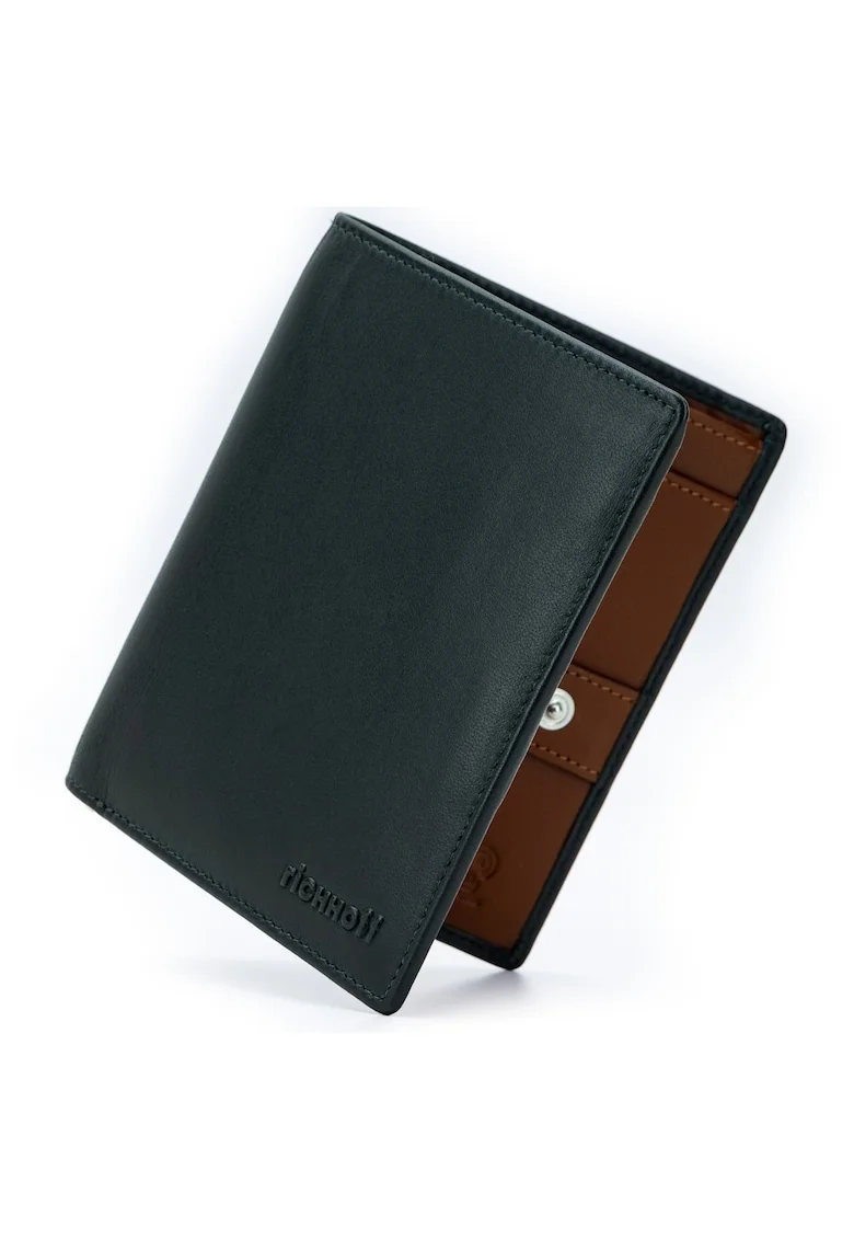 Portofel modern slim vertical barbati,  protectie RFID, piele naturala premium, Verde