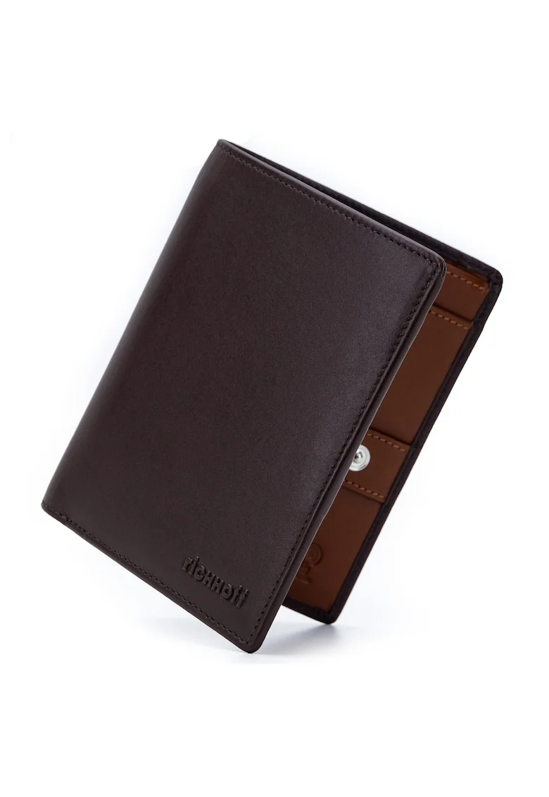 Portofel modern slim vertical barbati,  protectie RFID, piele naturala premium, Maro