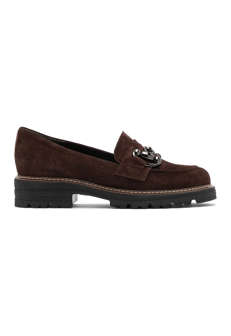 Pantofi loafer de piele intoarsa cu aplicatie metalica, Maro cognac