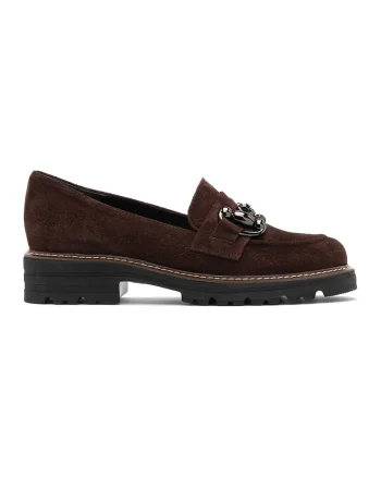 Pantofi loafer de piele intoarsa cu aplicatie metalica, Maro cognac