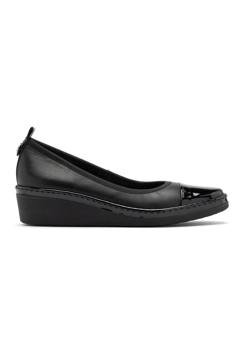 Pantofi wedge de piele cu garnitura de piele ecologica, Negru