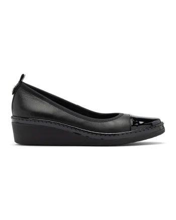 Pantofi wedge de piele cu garnitura de piele ecologica, Negru