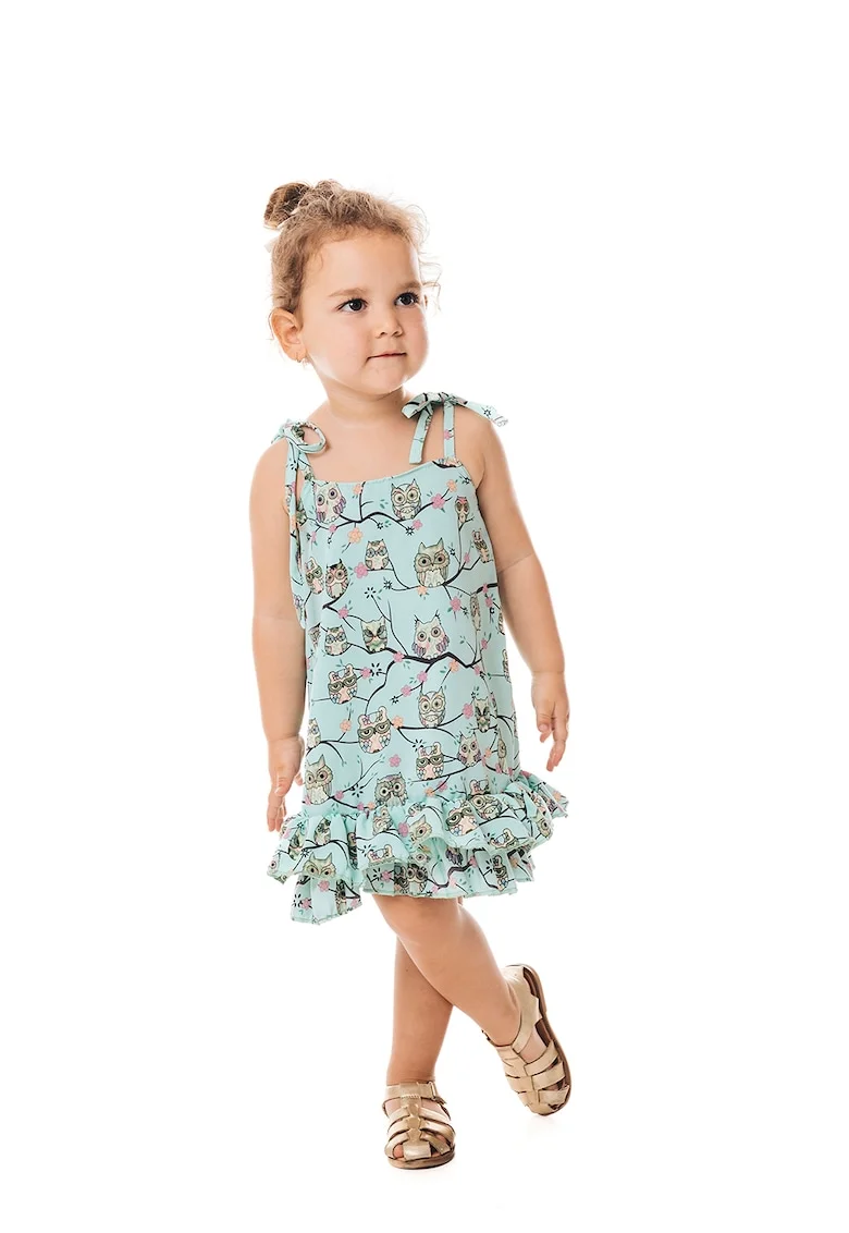 Rochie cu imprimeu grafic si terminatie cu volan, Verde/Albastru glaciar