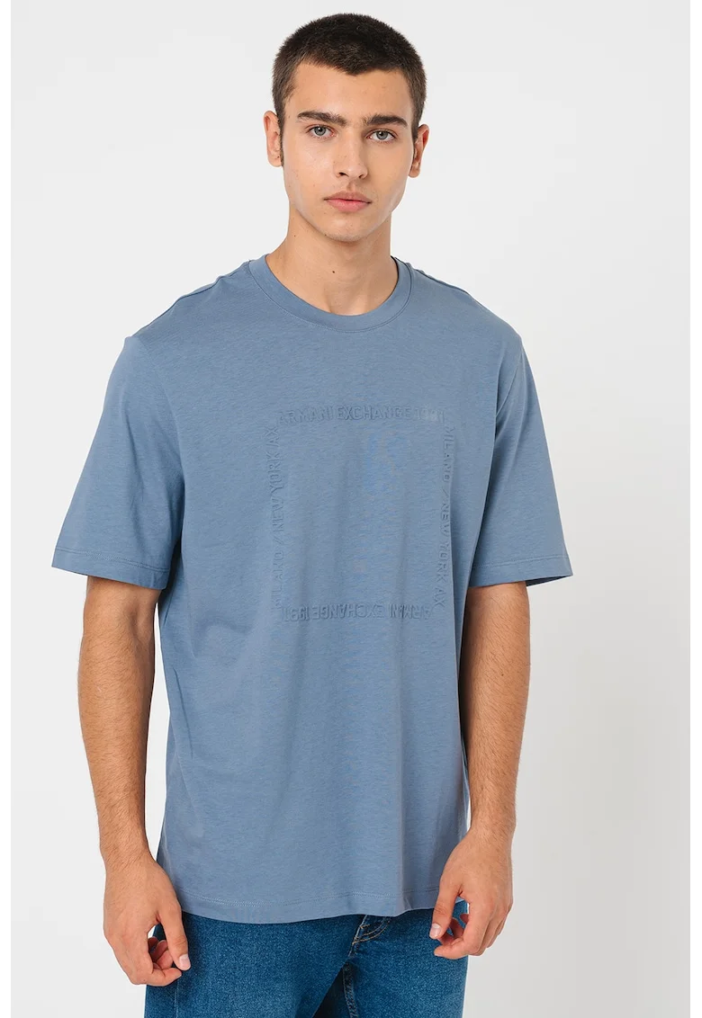 Tricou de bumbac cu decolteu la baza gatului, Albastru prafuit