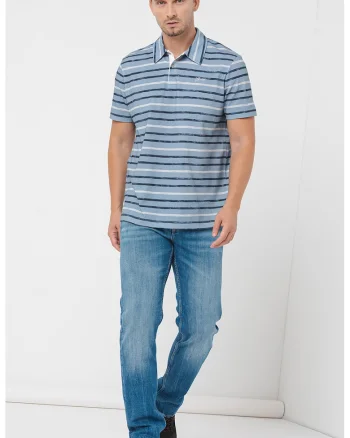 Tricou polo din bumbac cu model in dungi, Albastru melange