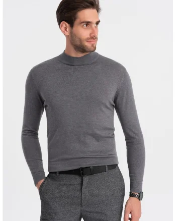 Pulover slim fit cu terminatii striate, Gri inchis melange