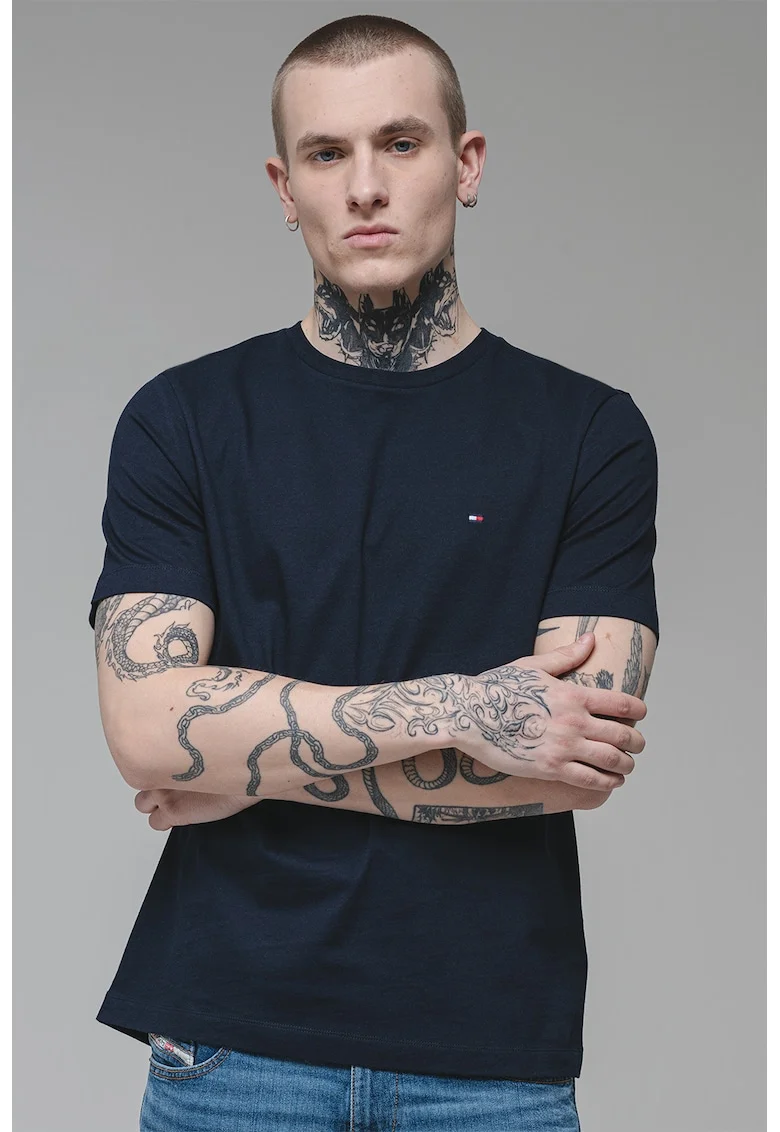 Tricou de bumbac cu decolteu la baza gatului, Bleumarin