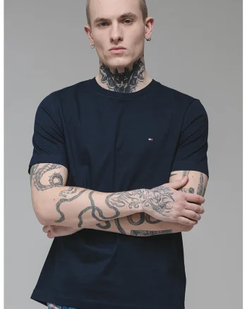Tricou de bumbac cu decolteu la baza gatului, Bleumarin