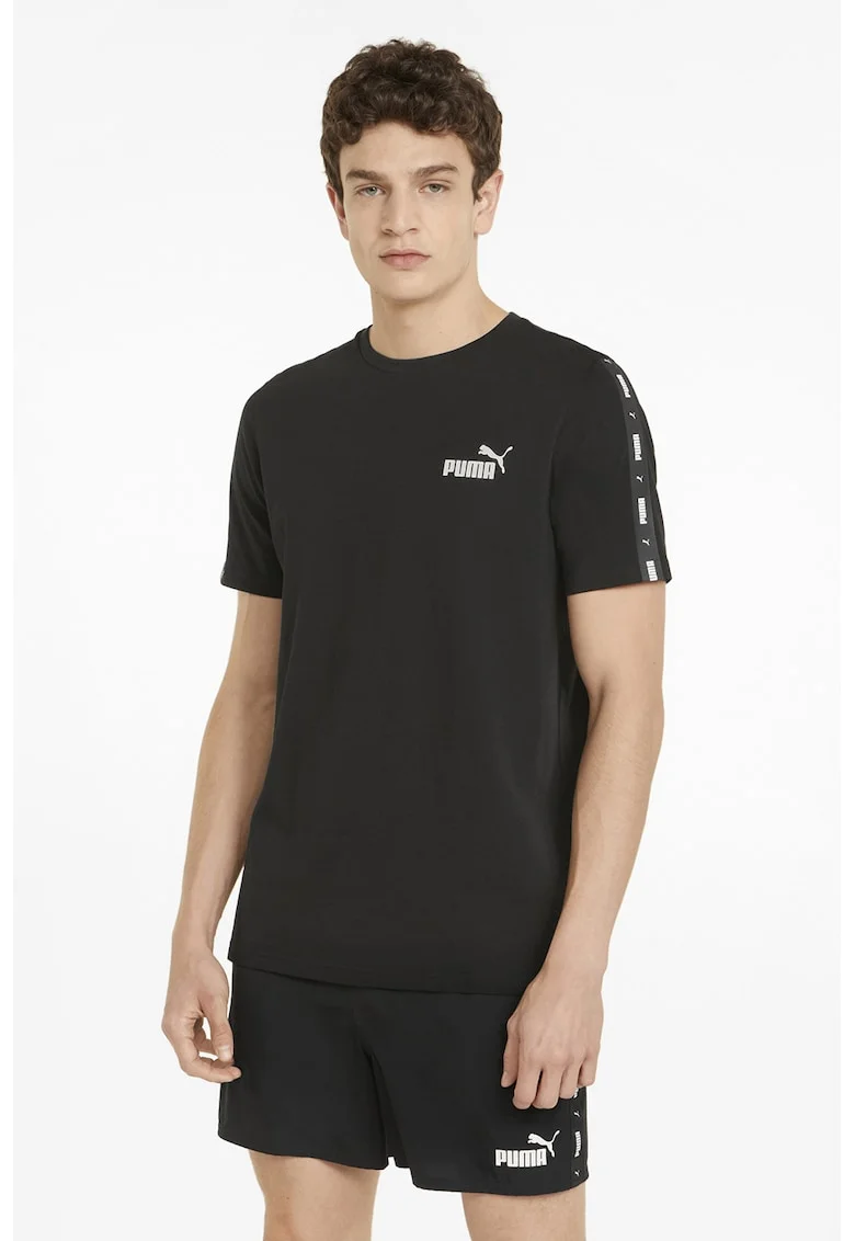 Tricou cu decolteu la baza gatului si benzi logo Essentials+, Negru