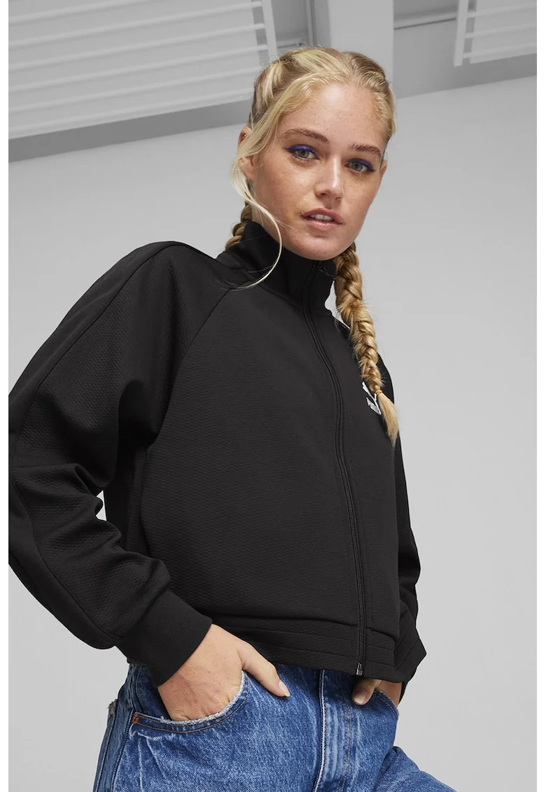 Bluza de trening din amestec de bumbac cu fermoar si guler mediu, Negru
