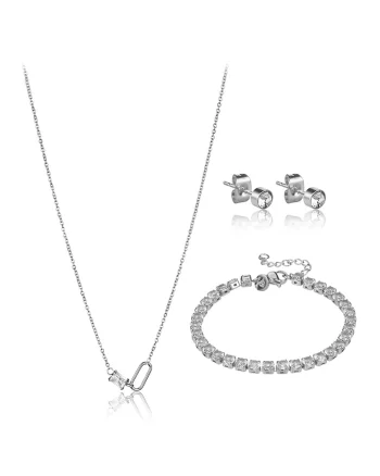 Set de colier, bratara si cercei decorati cu cristale - 3 piese, Argintiu