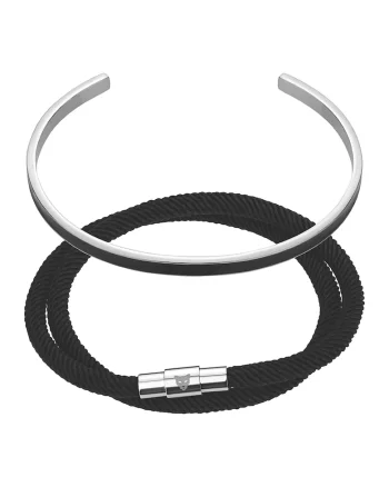 Set de bratara rotunda din otel inoxidabil si bratara din piele cu logo, Negru/Argintiu