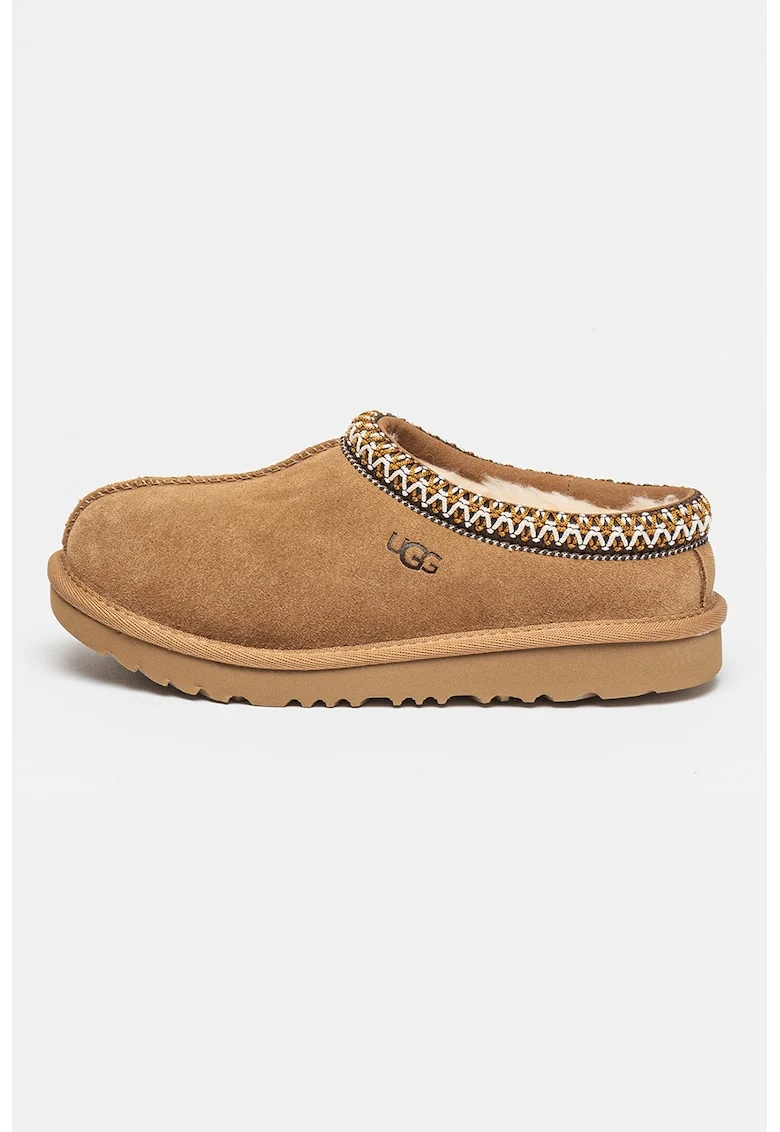 Papuci de casa din piele intoarsa cu broderie Tasman, Maro camel