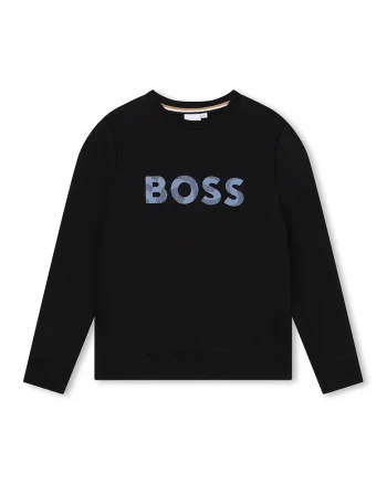 Bluza de trening cu decolteu rotund si imprimeu logo, Negru