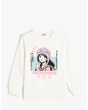 Bluza de trening cu imprimeu cu desene, Alb/Roz