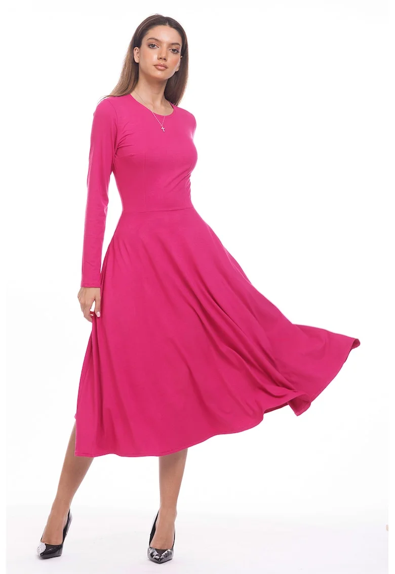 Rochie midi evazata cu buzunare, Fucsia