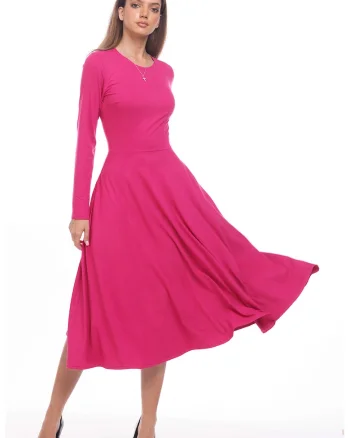 Rochie midi evazata cu buzunare, Fucsia