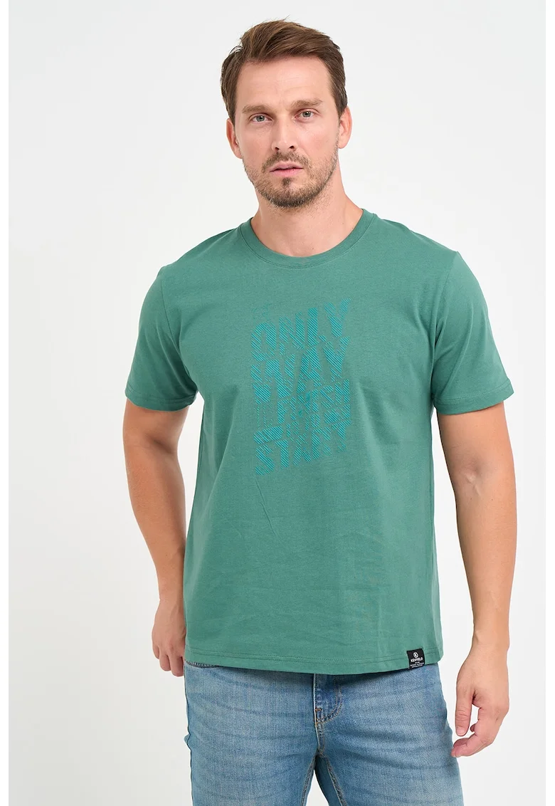 Tricou de bumbac cu decolteu la baza gatului si imprimeu text, Verde deschis