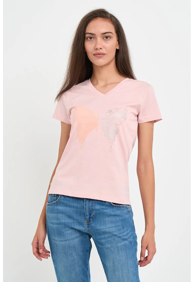 Tricou cu decolteu in V si imprimeu, Roz pal