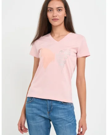 Tricou cu decolteu in V si imprimeu, Roz pal