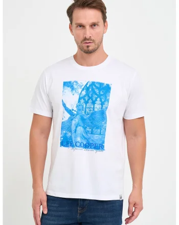 Tricou cu decolteu la baza gatului si imprimeu logo si foto, Alb/Turcoaz