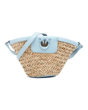 Geanta bucket impletita, din raffia si garnituri de piele Love Summer, 17x10x14 cm