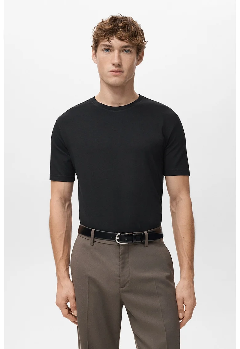 Tricou slim-fit cu decolteu la baza gatului, Negru