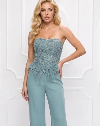 Corset mint din tafta prevazut cu pene si broderie