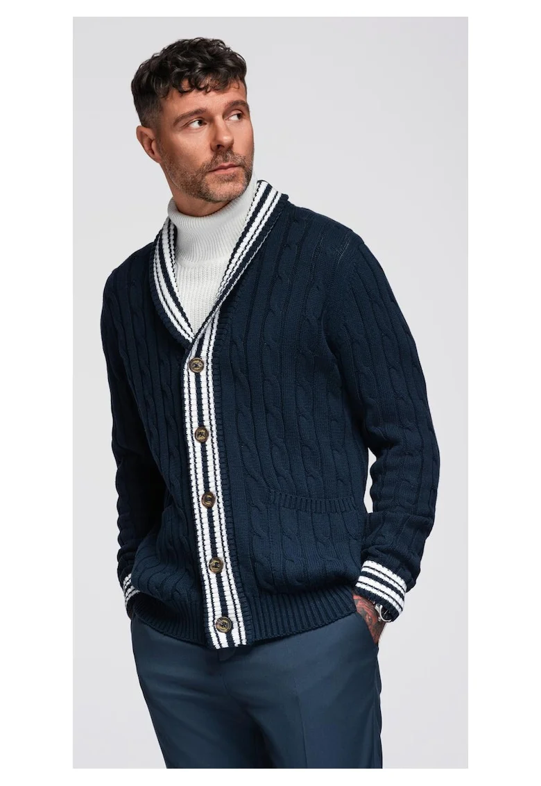 Cardigan cu nasturi si model torsade, Albastru inchis