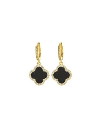 Cercei aurii, din otel inoxidabil, forma de floricele negre, cu pietre din zirconiu, suflati cu aur 18k, Hansine C2
